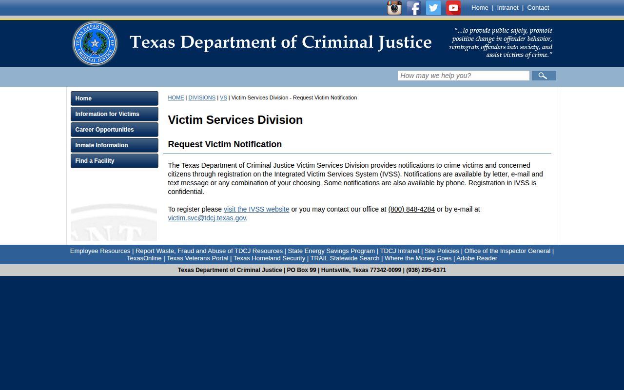 TDCJ IVSS eligibility for Wilbarger County prison release notices
