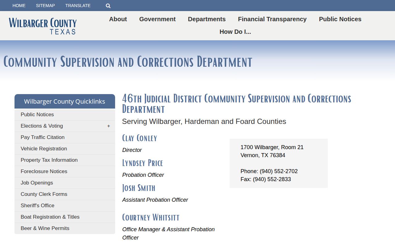 Wilbarger County probation office for post-release supervision records